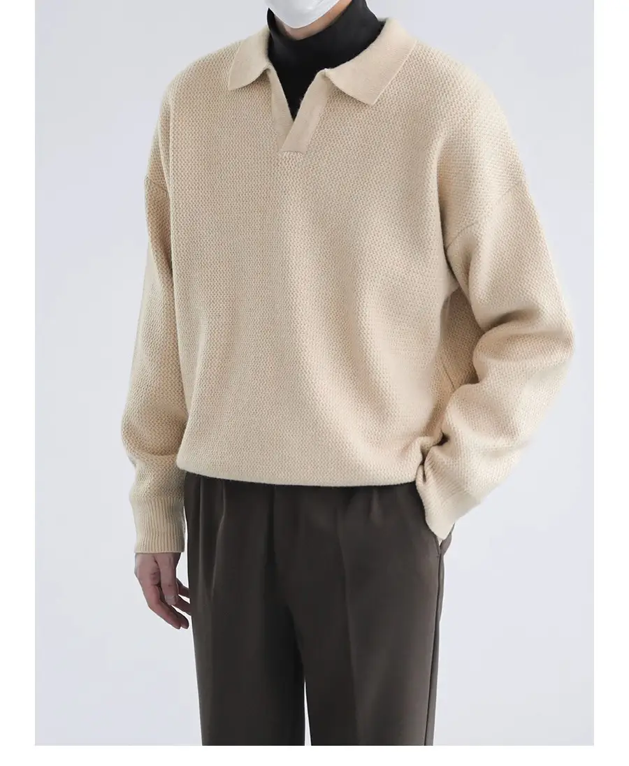 Men's Black Lapel Sweater Long Sleeve Loose Solid Color — feature 12