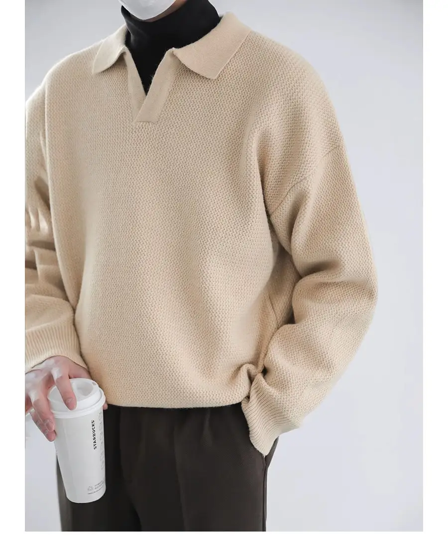 Men's Black Lapel Sweater Long Sleeve Loose Solid Color — feature 13