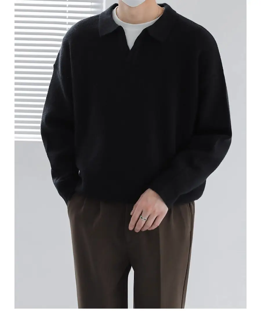 Men's Black Lapel Sweater Long Sleeve Loose Solid Color — feature 14