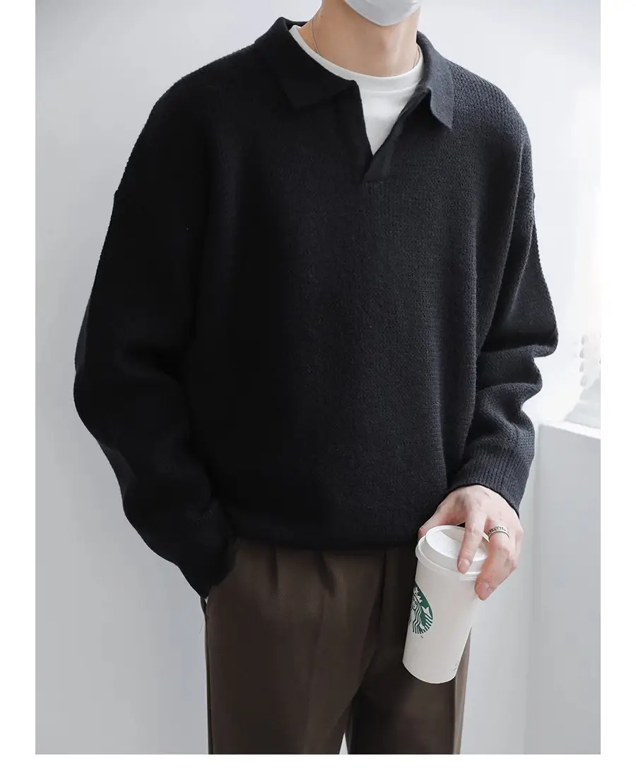 Men's Black Lapel Sweater Long Sleeve Loose Solid Color — feature 15