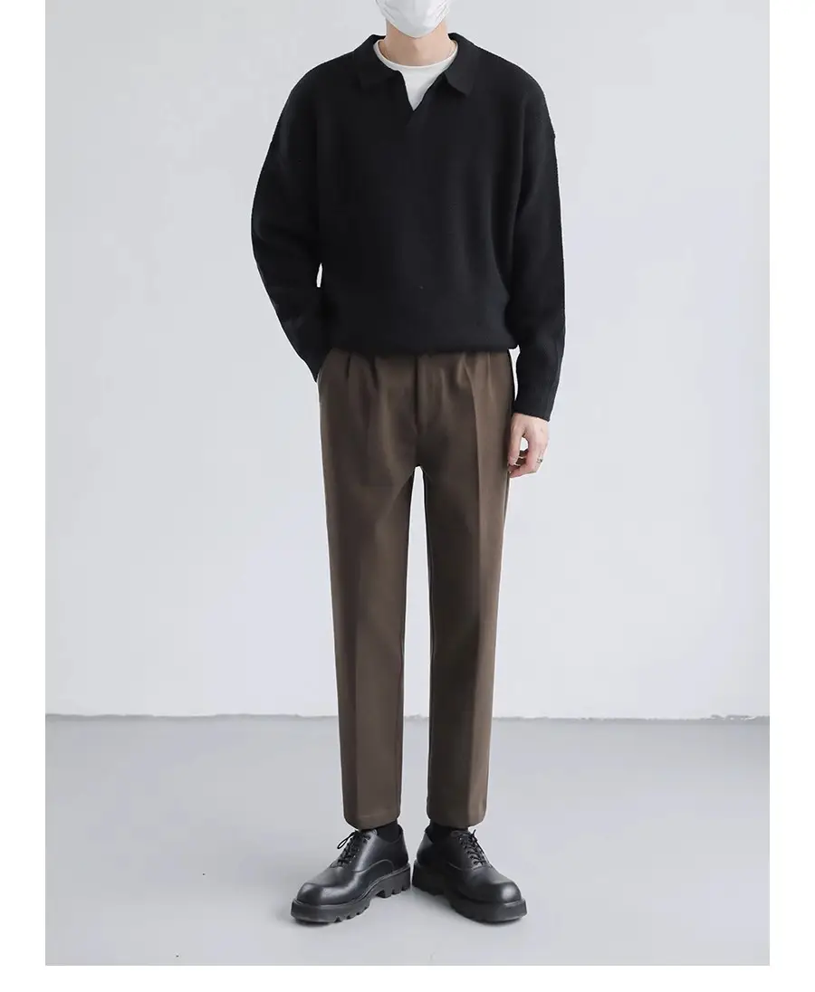 Men's Black Lapel Sweater Long Sleeve Loose Solid Color — feature 16