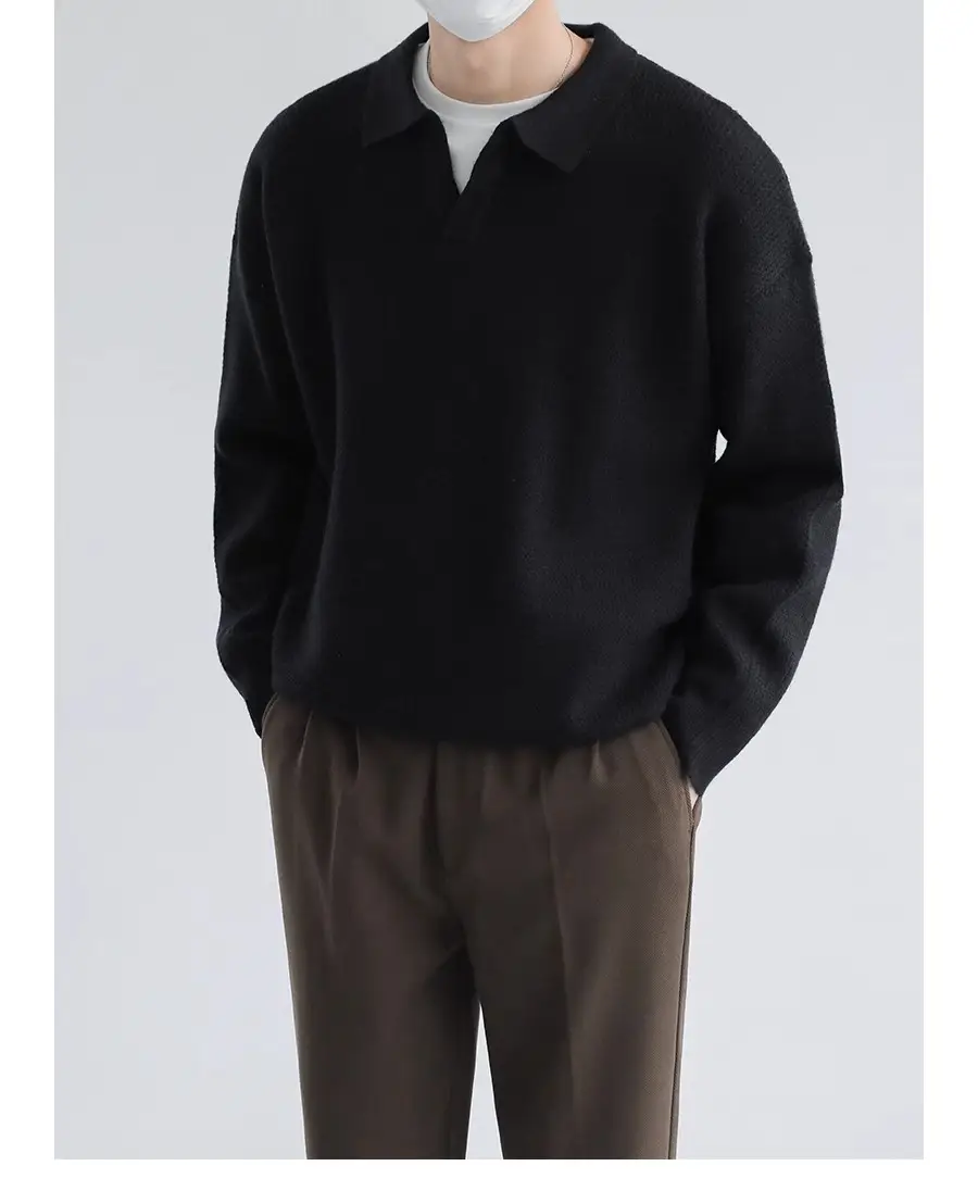 Men's Black Lapel Sweater Long Sleeve Loose Solid Color — feature 17