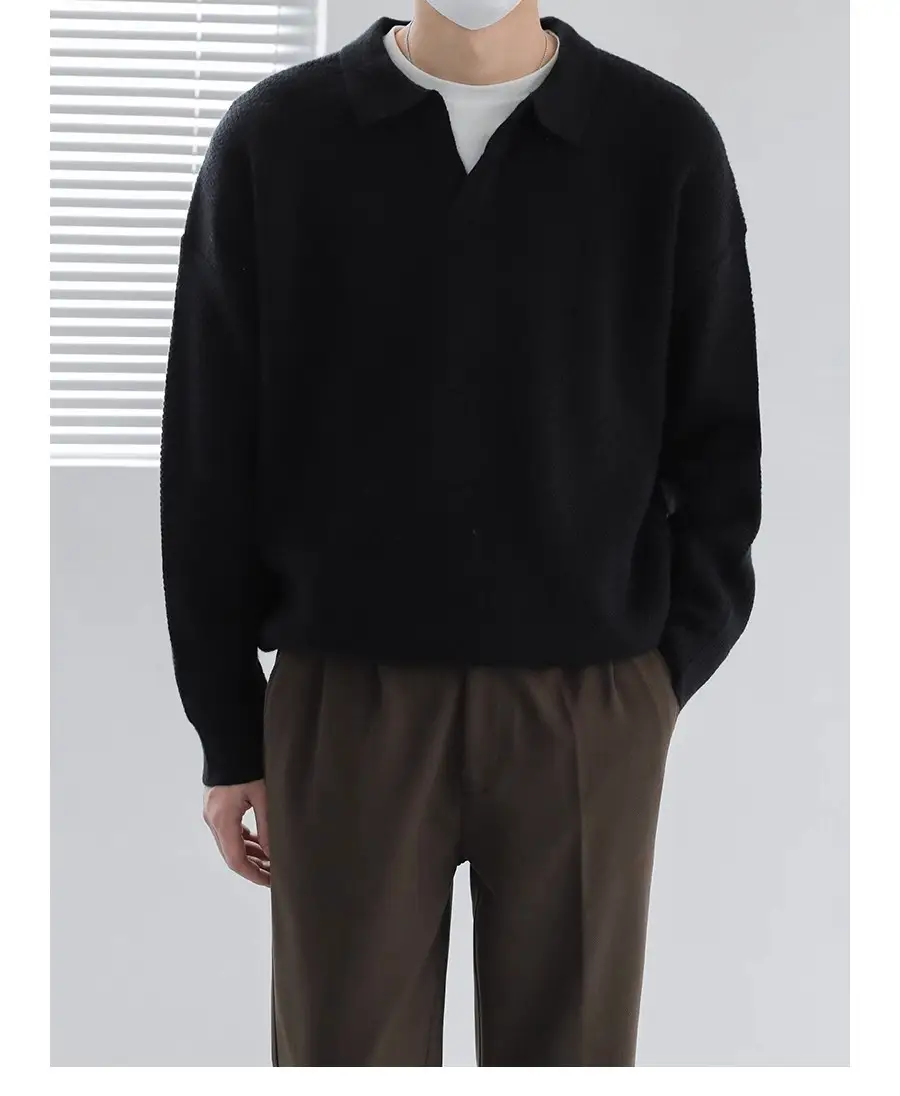 Men's Black Lapel Sweater Long Sleeve Loose Solid Color — feature 18
