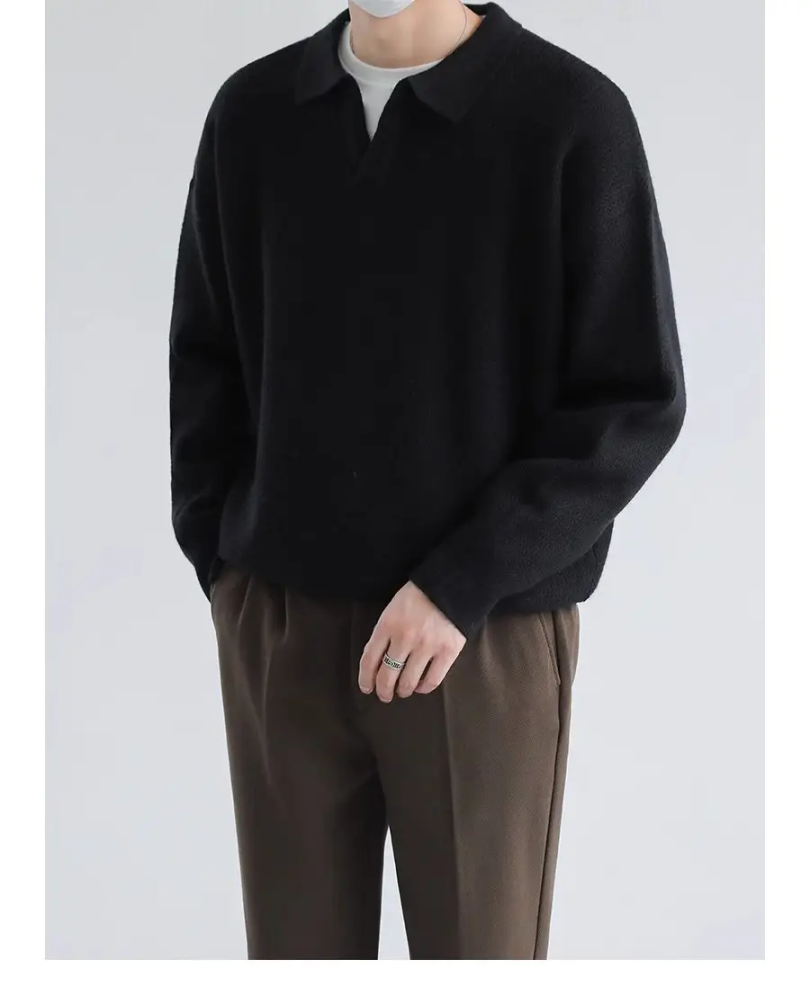 Men's Black Lapel Sweater Long Sleeve Loose Solid Color — feature 19