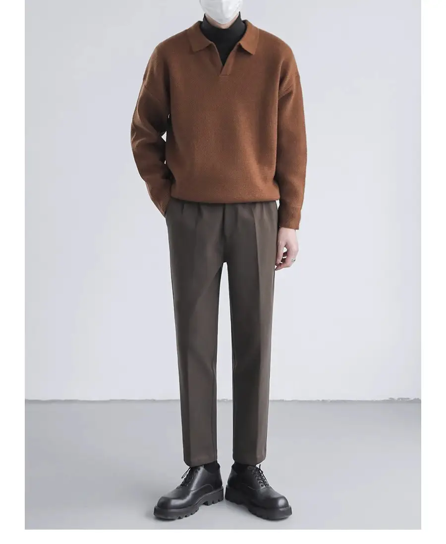 Men's Black Lapel Sweater Long Sleeve Loose Solid Color — feature 2