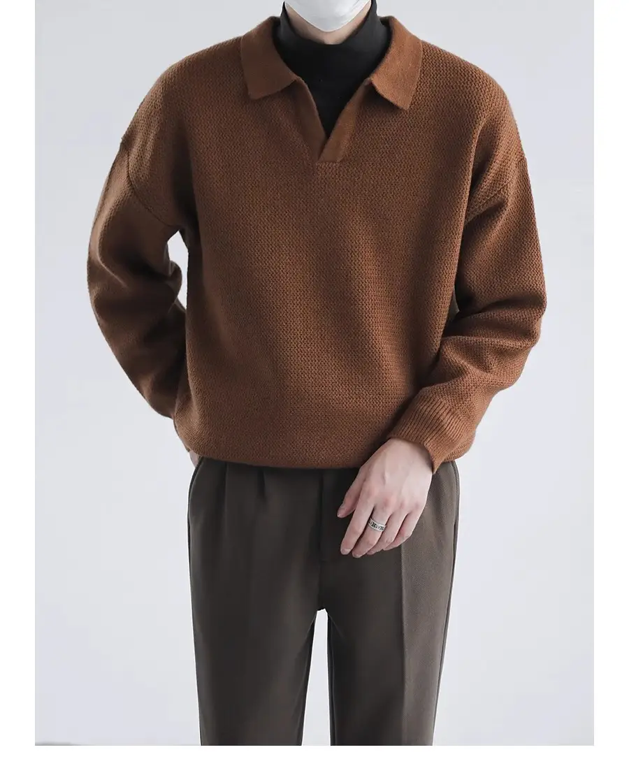 Men's Black Lapel Sweater Long Sleeve Loose Solid Color — feature 3