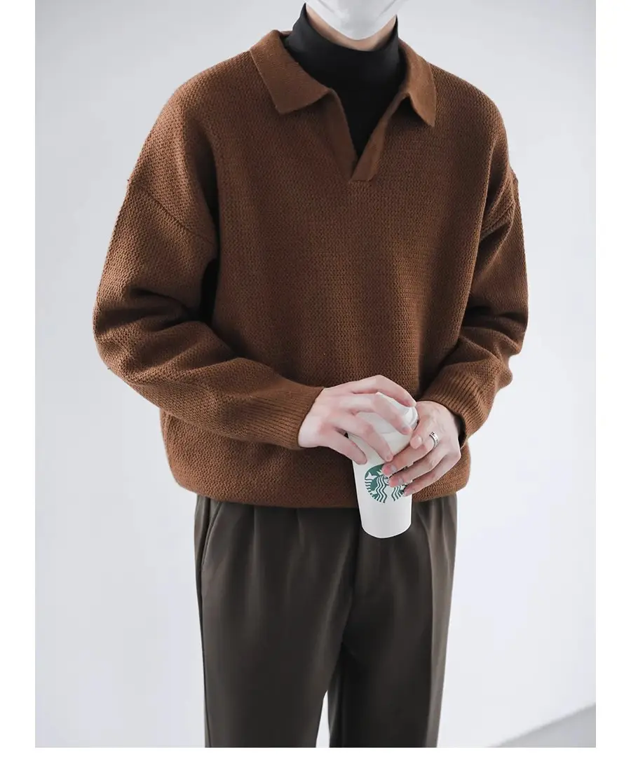 Men's Black Lapel Sweater Long Sleeve Loose Solid Color — feature 4