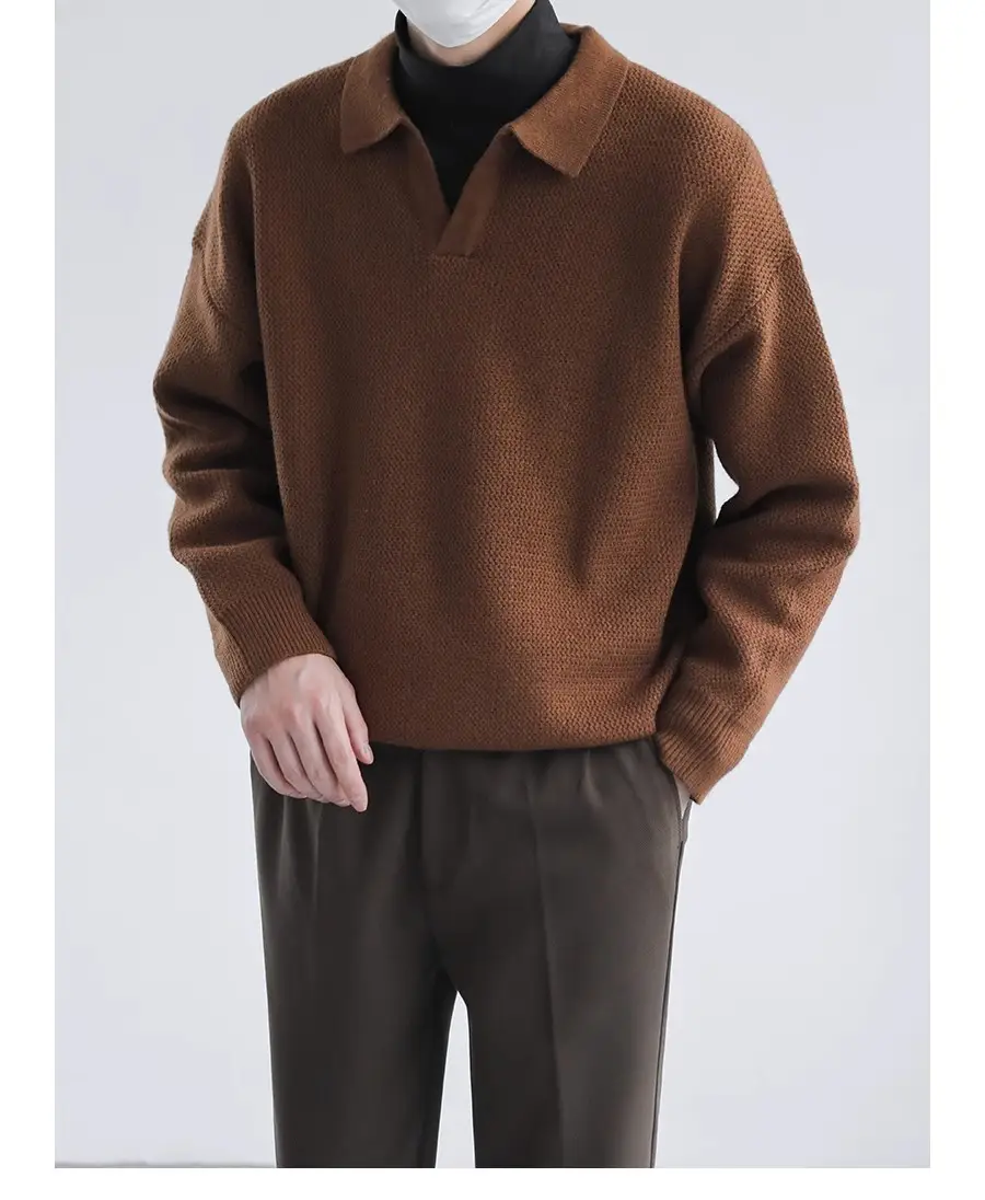 Men's Black Lapel Sweater Long Sleeve Loose Solid Color — feature 5