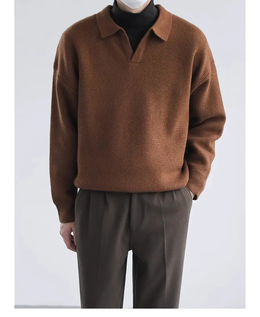 Men's Black Lapel Sweater Long Sleeve Loose Solid Color — feature 6