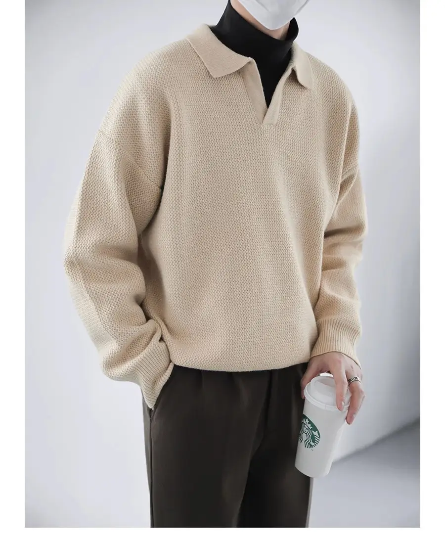 Men's Black Lapel Sweater Long Sleeve Loose Solid Color — feature 7