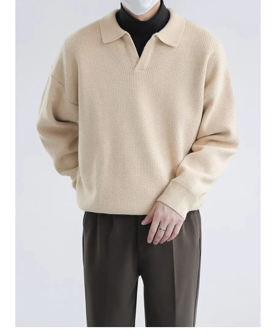 Men's Black Lapel Sweater Long Sleeve Loose Solid Color — feature 8