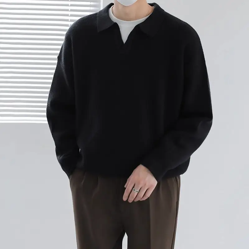 Men's Black Lapel Sweater Long Sleeve Loose Solid Color - Image 2
