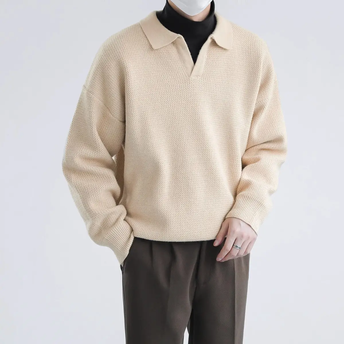 Men's Black Lapel Sweater Long Sleeve Loose Solid Color - Image 3