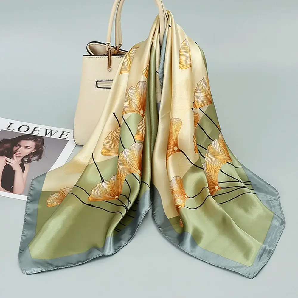 Women Silk Scarf Black Beige Geometric Print 90" — feature 6
