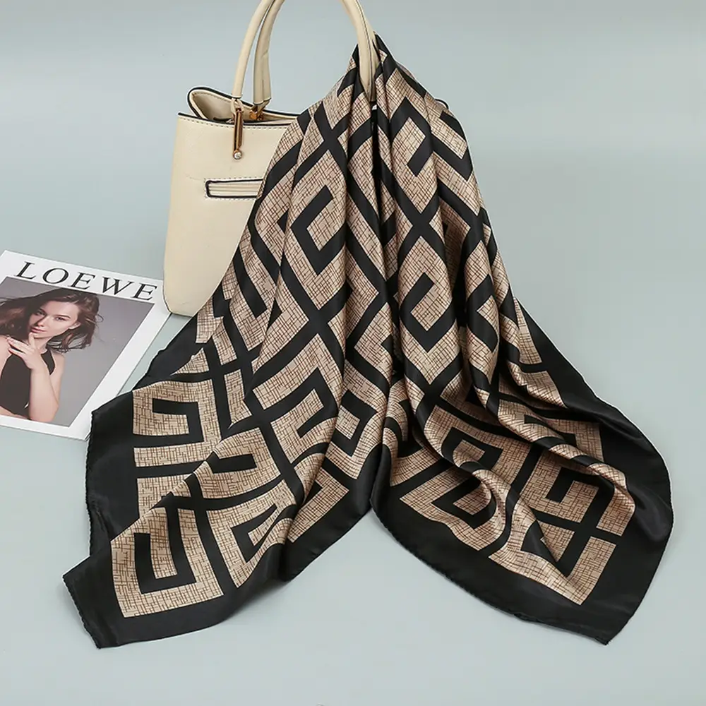 Women Silk Scarf Black Beige Geometric Print 90"