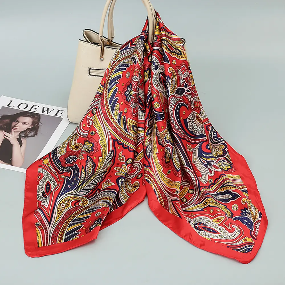 Women Silk Scarf Black Beige Geometric Print 90"