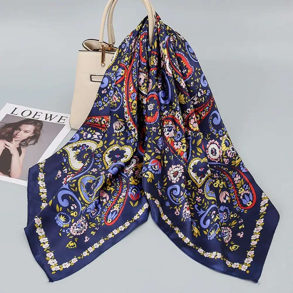 Women Silk Scarf Black Beige Geometric Print 90"