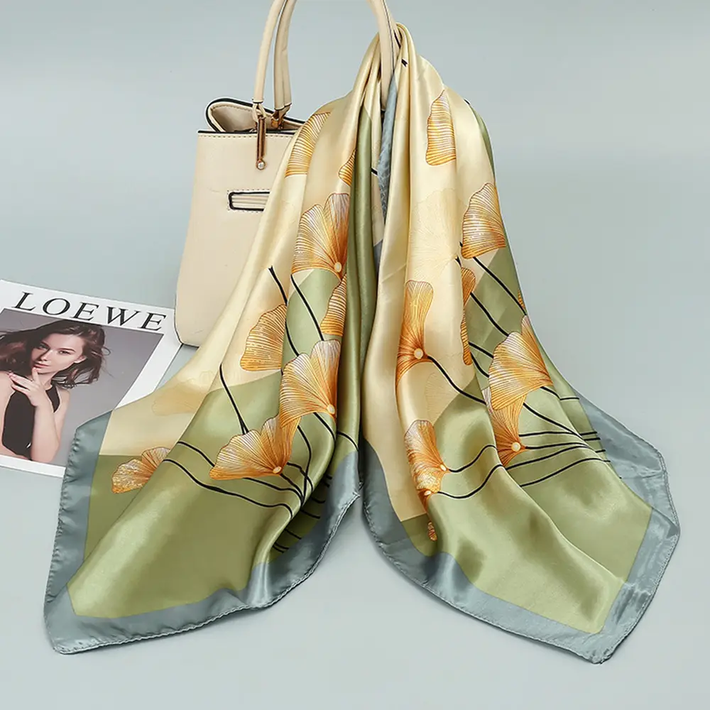 Women Silk Scarf Black Beige Geometric Print 90"