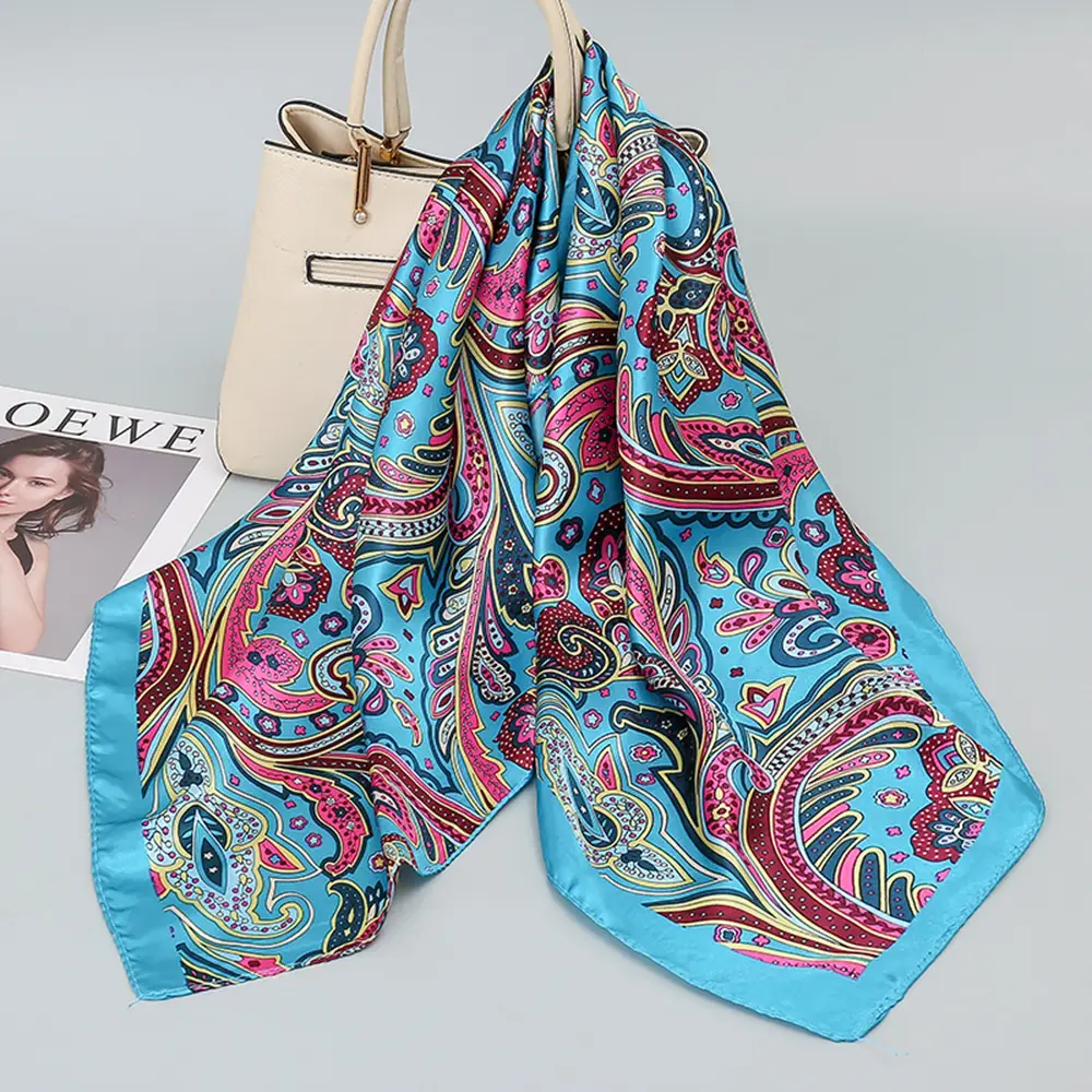 Women Silk Scarf Black Beige Geometric Print 90"