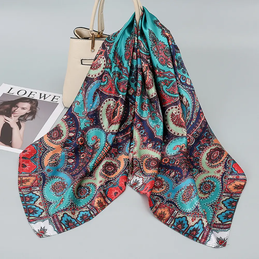Women Silk Scarf Black Beige Geometric Print 90"