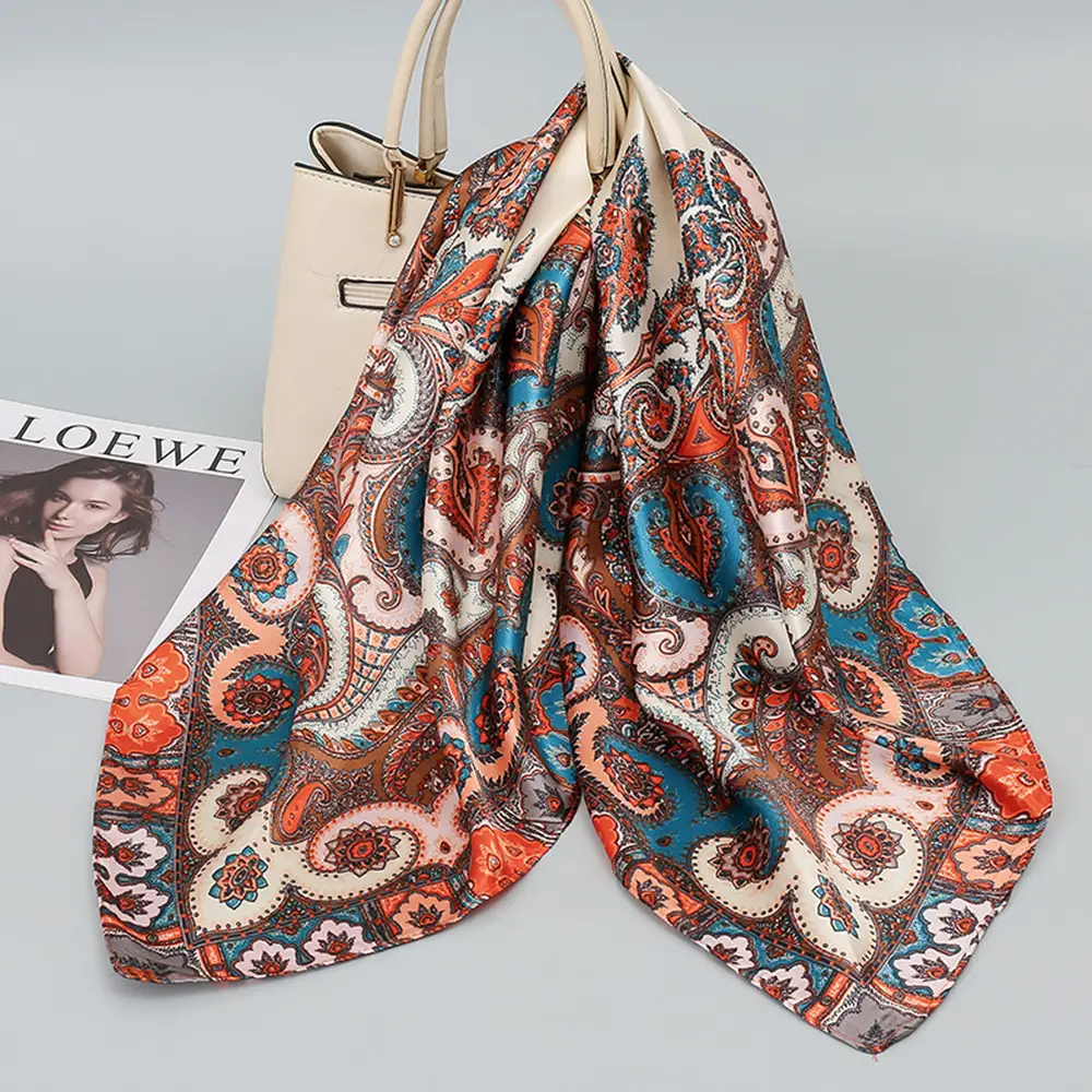 Women Silk Scarf Black Beige Geometric Print 90"