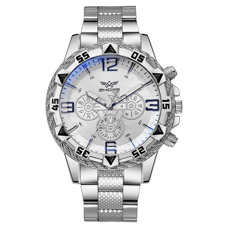 Men's Silver Chronograph Watch with Diamond Dial & Silicone Band - Image 4