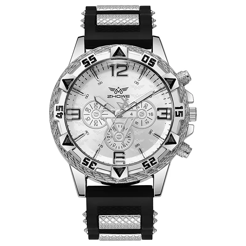 Men's Silver Chronograph Watch with Diamond Dial & Silicone Band - Image 8