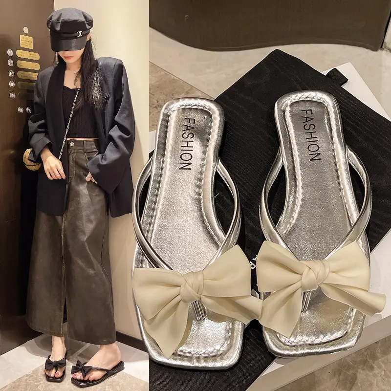 Size 41-43 Plus Size Women's Shoes Silver Bow Slippers Women's Outer Wear Summer New Flats Versatile Flip Flops 42 - Image 2