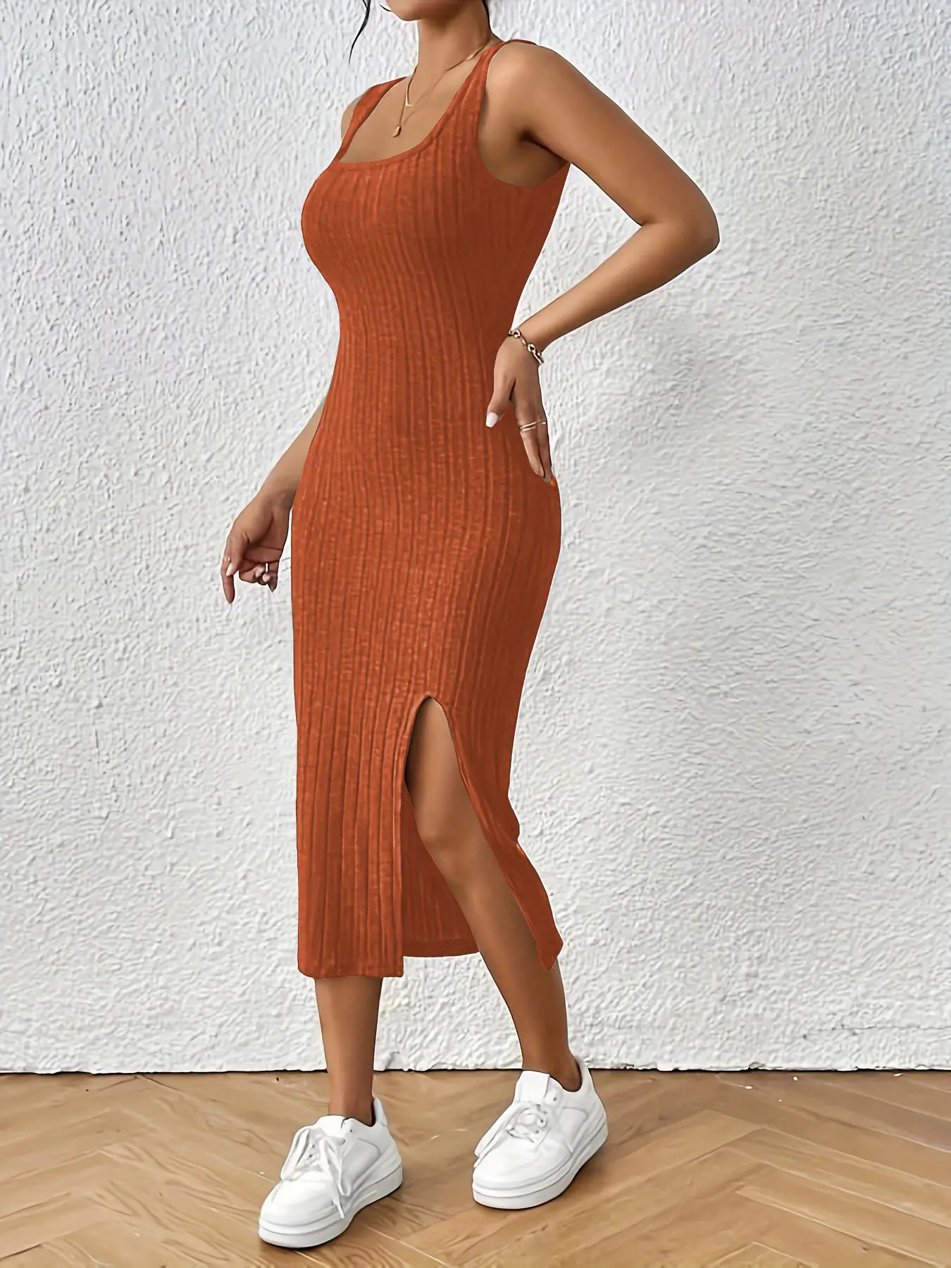 Women's Split Thigh Vest Dress Brushed Grey — feature 11