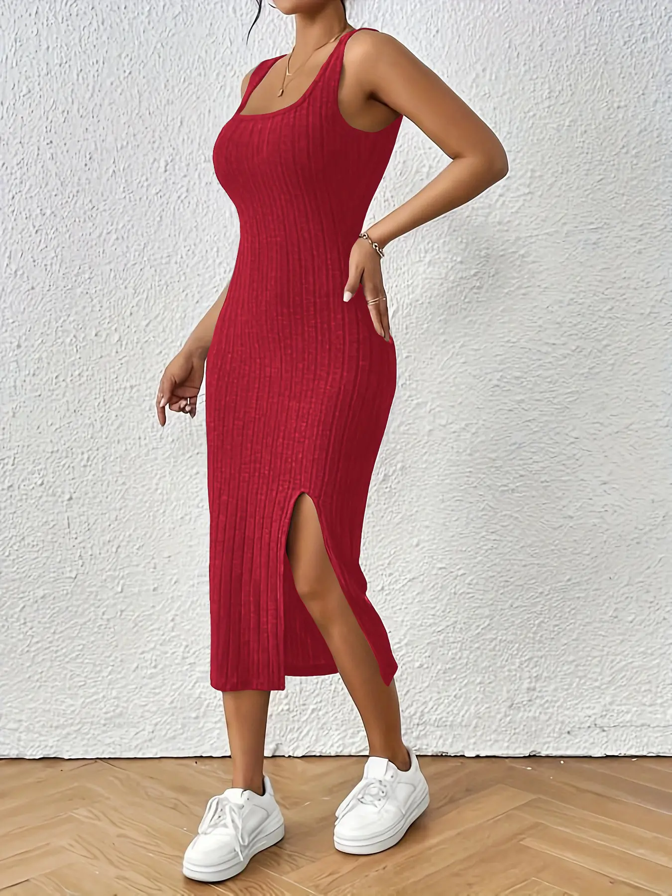 Women's Split Thigh Vest Dress Brushed Grey — feature 21