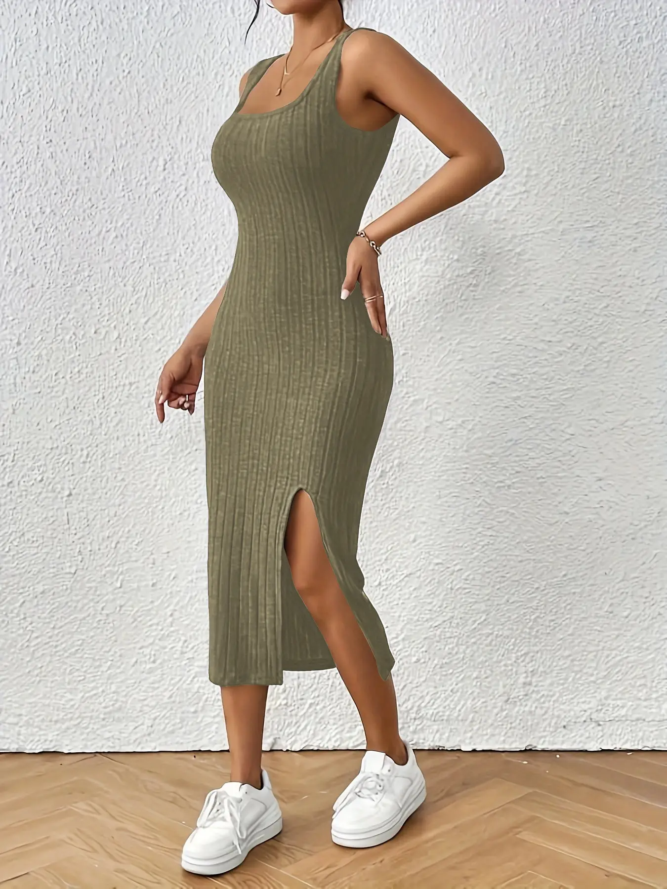 Women's Split Thigh Vest Dress Brushed Grey — feature 26
