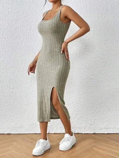 Women's Split Thigh Vest Dress Brushed Grey — feature 31