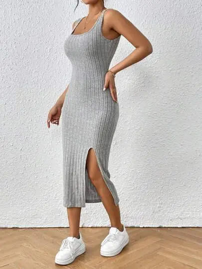 Women's Split Thigh Vest Dress Brushed Grey — feature 35