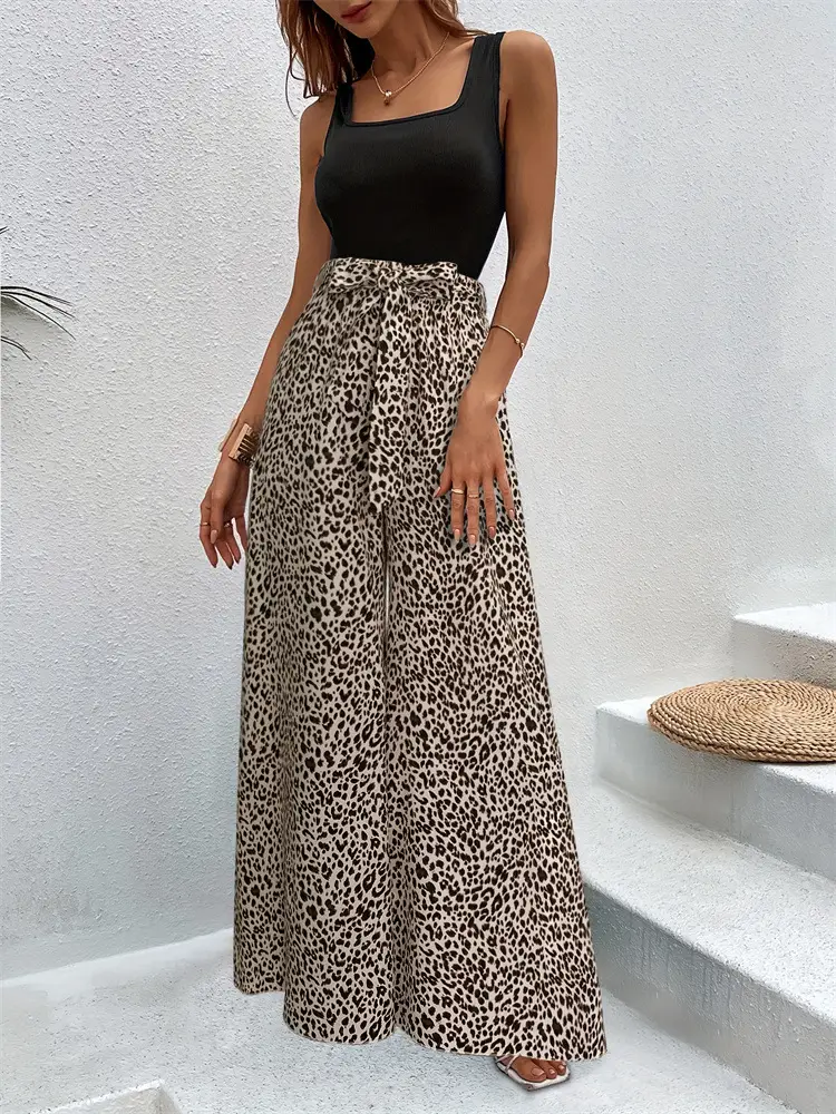 Women Leopard Print Flare Pants Stretch Slim Elastic Waist