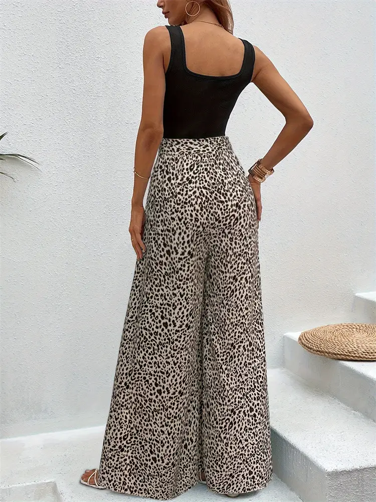 Women Leopard Print Flare Pants Stretch Slim Elastic Waist