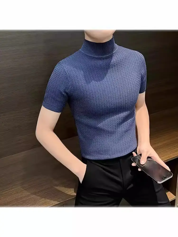 Men's Blue Knit Half-High Collar T-Shirt Short Sleeve - Image 4