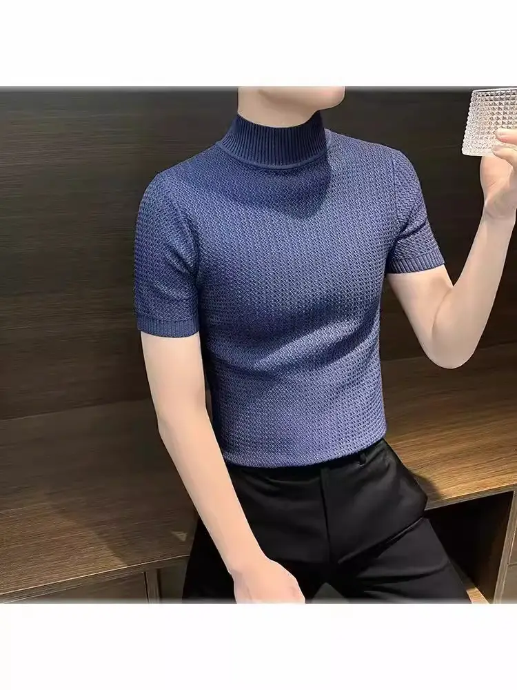 Men's Blue Knit Half-High Collar T-Shirt Short Sleeve - Image 5