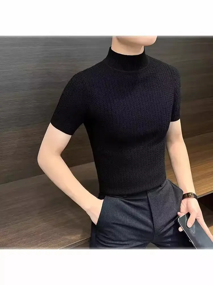 Men's Blue Knit Half-High Collar T-Shirt Short Sleeve - Image 6