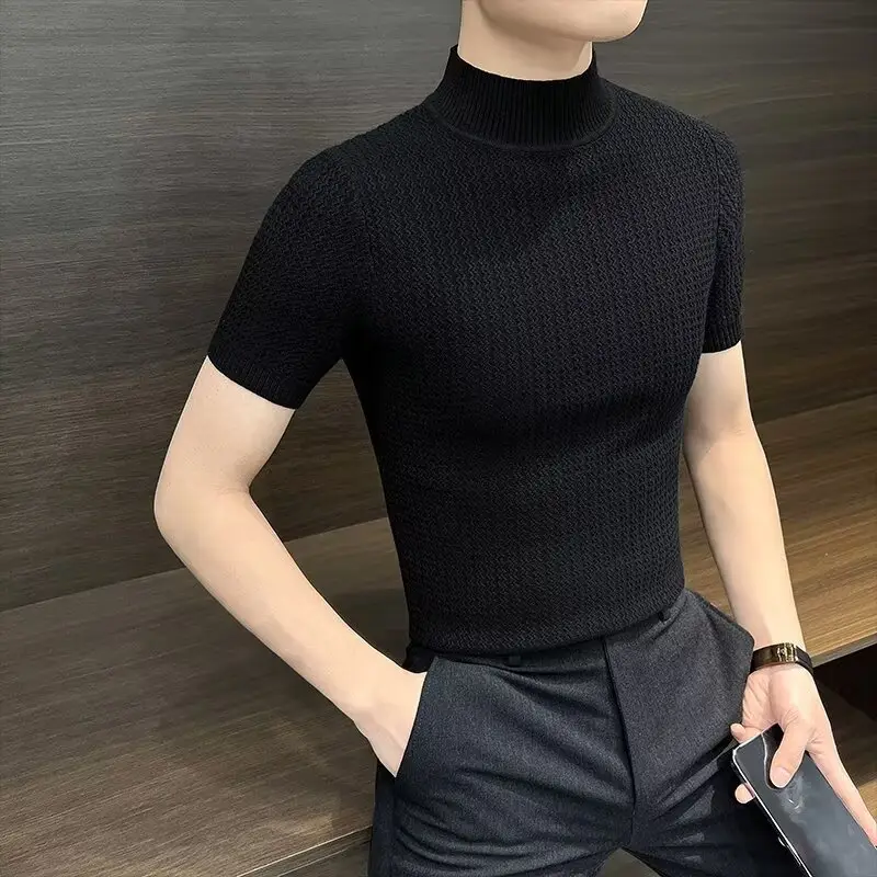 Men's Blue Knit Half-High Collar T-Shirt Short Sleeve — feature 10