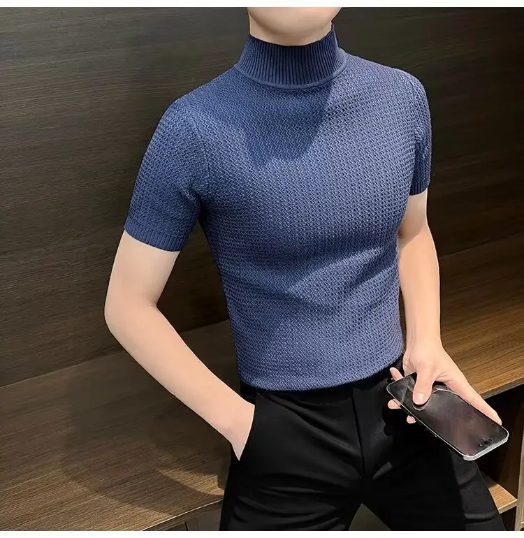 Men's Blue Knit Half-High Collar T-Shirt Short Sleeve — feature 11