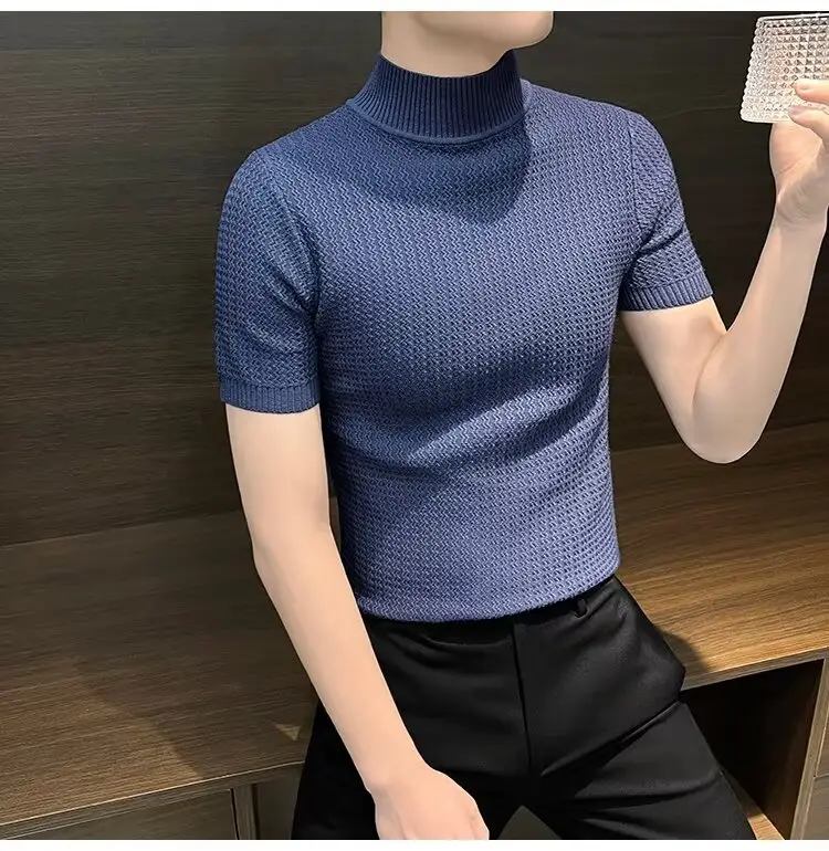Men's Blue Knit Half-High Collar T-Shirt Short Sleeve — feature 12