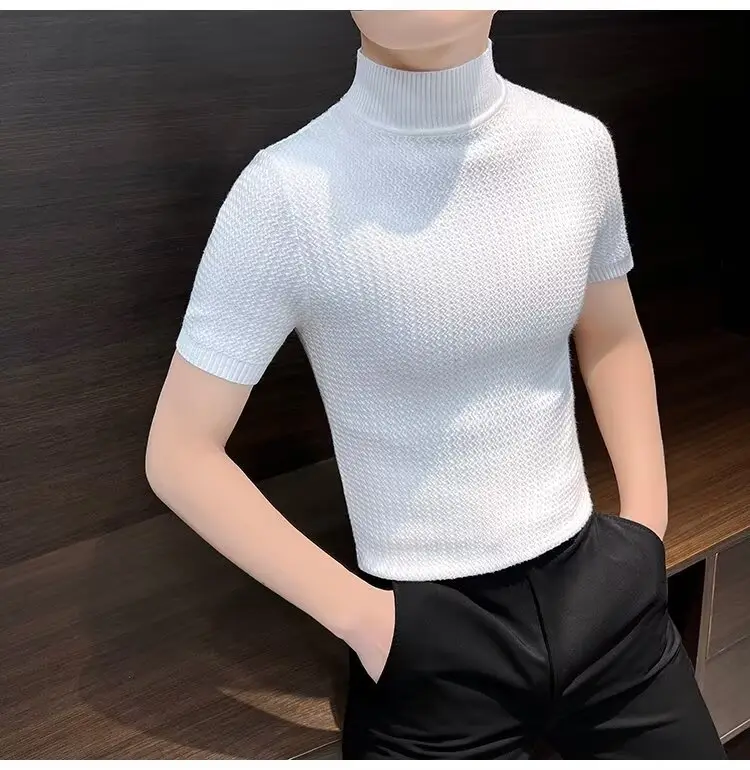 Men's Blue Knit Half-High Collar T-Shirt Short Sleeve — feature 13