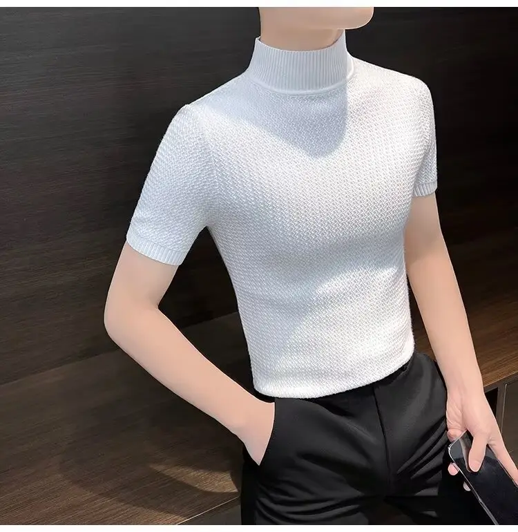 Men's Blue Knit Half-High Collar T-Shirt Short Sleeve — feature 14