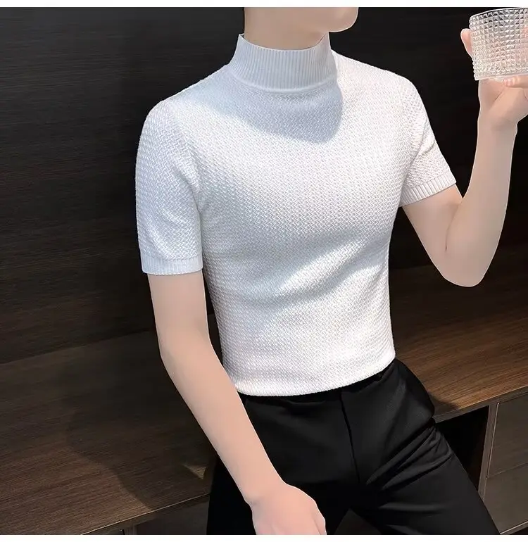 Men's Blue Knit Half-High Collar T-Shirt Short Sleeve — feature 15