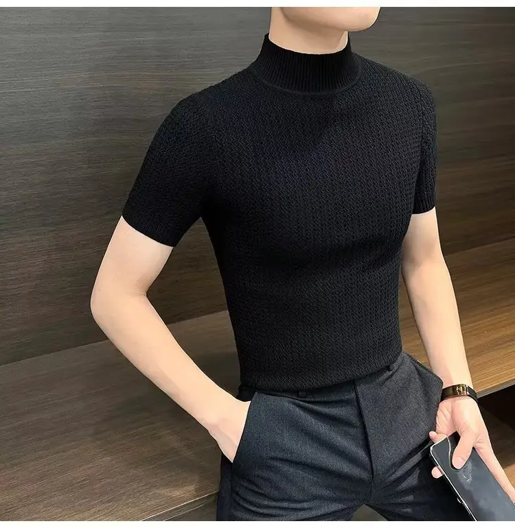 Men's Blue Knit Half-High Collar T-Shirt Short Sleeve — feature 16