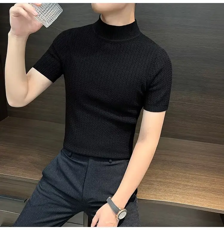 Men's Blue Knit Half-High Collar T-Shirt Short Sleeve — feature 17