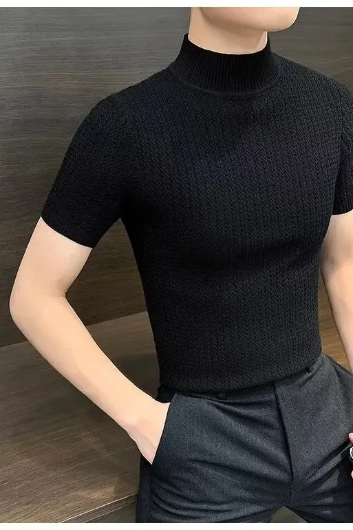 Men's Blue Knit Half-High Collar T-Shirt Short Sleeve — feature 18