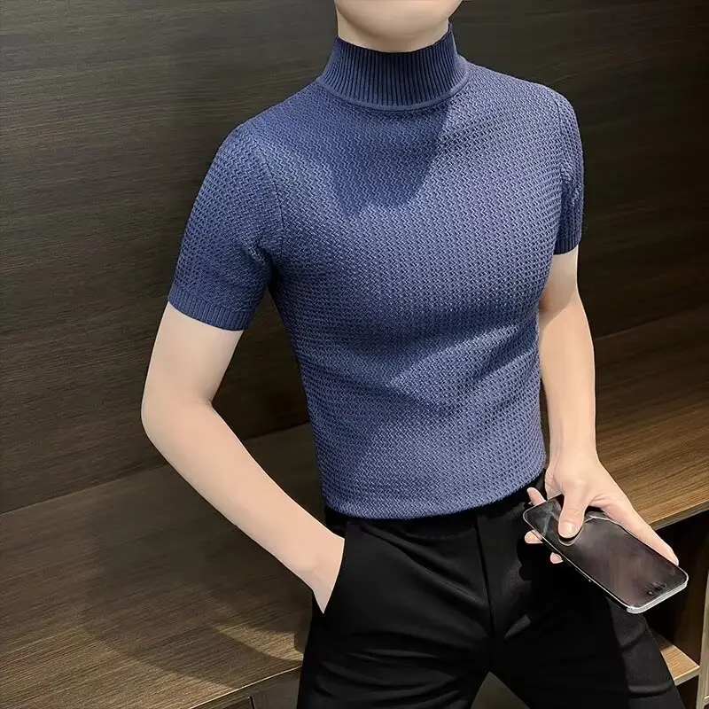 Men's Blue Knit Half-High Collar T-Shirt Short Sleeve — feature 4