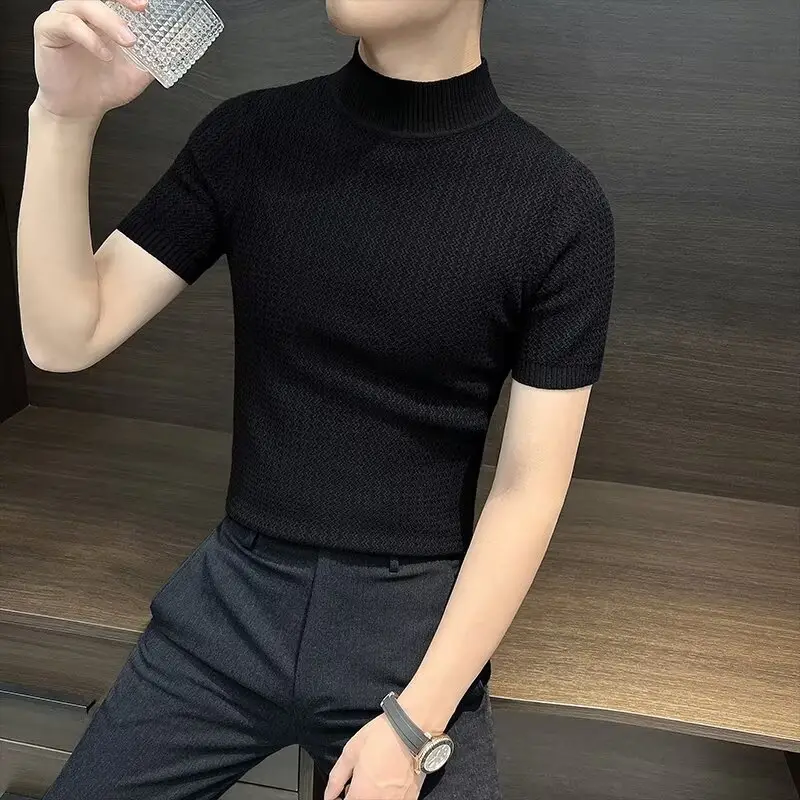 Men's Blue Knit Half-High Collar T-Shirt Short Sleeve — feature 5
