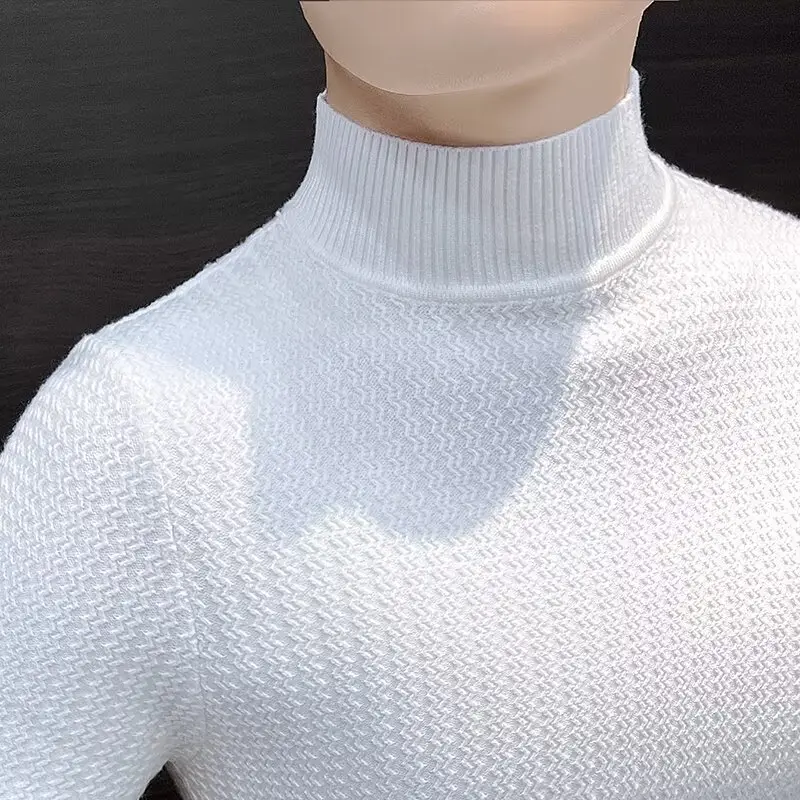 Men's Blue Knit Half-High Collar T-Shirt Short Sleeve — feature 6